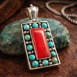 Vintage Sterling Coral & Turquoise Cluster Pendant Southwestern Zuni Style